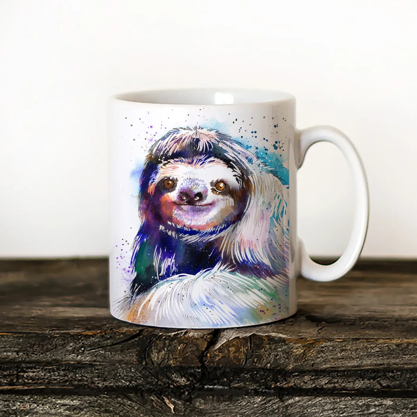 Sloth watercolor painting printed on an 11 oz ceramic art mug by Slaveika Aladjova