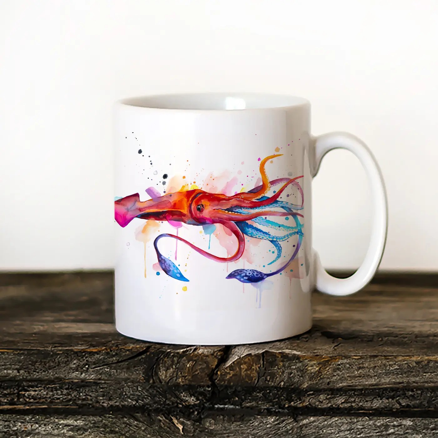 Squid watercolor painting printed on an 11 oz ceramic art mug by Slaveika Aladjova