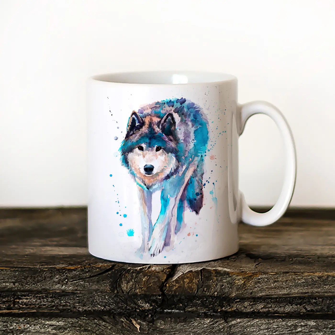 Wolf watercolor painting printed on an 11 oz ceramic art mug by Slaveika Aladjova