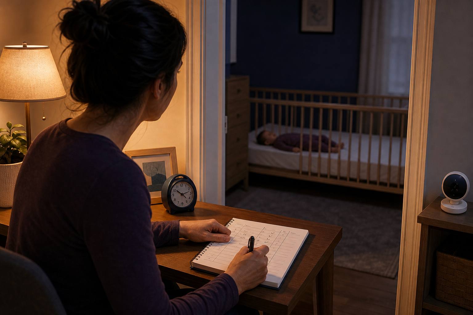 Caregiver recording timing and observable bedtime movement details away from the crib