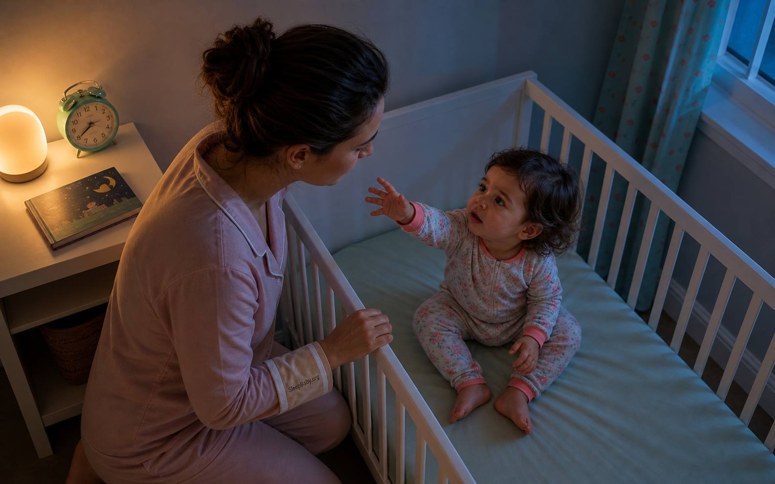 A parent kneels beside an empty crib while an awake toddler reaches out, with a clock and bedtime book outside the crib