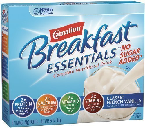 Nestle Carnation Instant Breakfast Essentials, No Sugar Added Classic French Vanilla Powder, 8-Count Envelopes (Pack of 8)