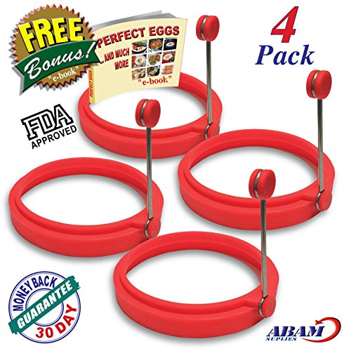 NEW Chef Silicone Egg Ring- Pancake Breakfast Sandwiches – Benedict Eggs – Omelets and More Nonstick Mold Ring Round, Red (4-pack)