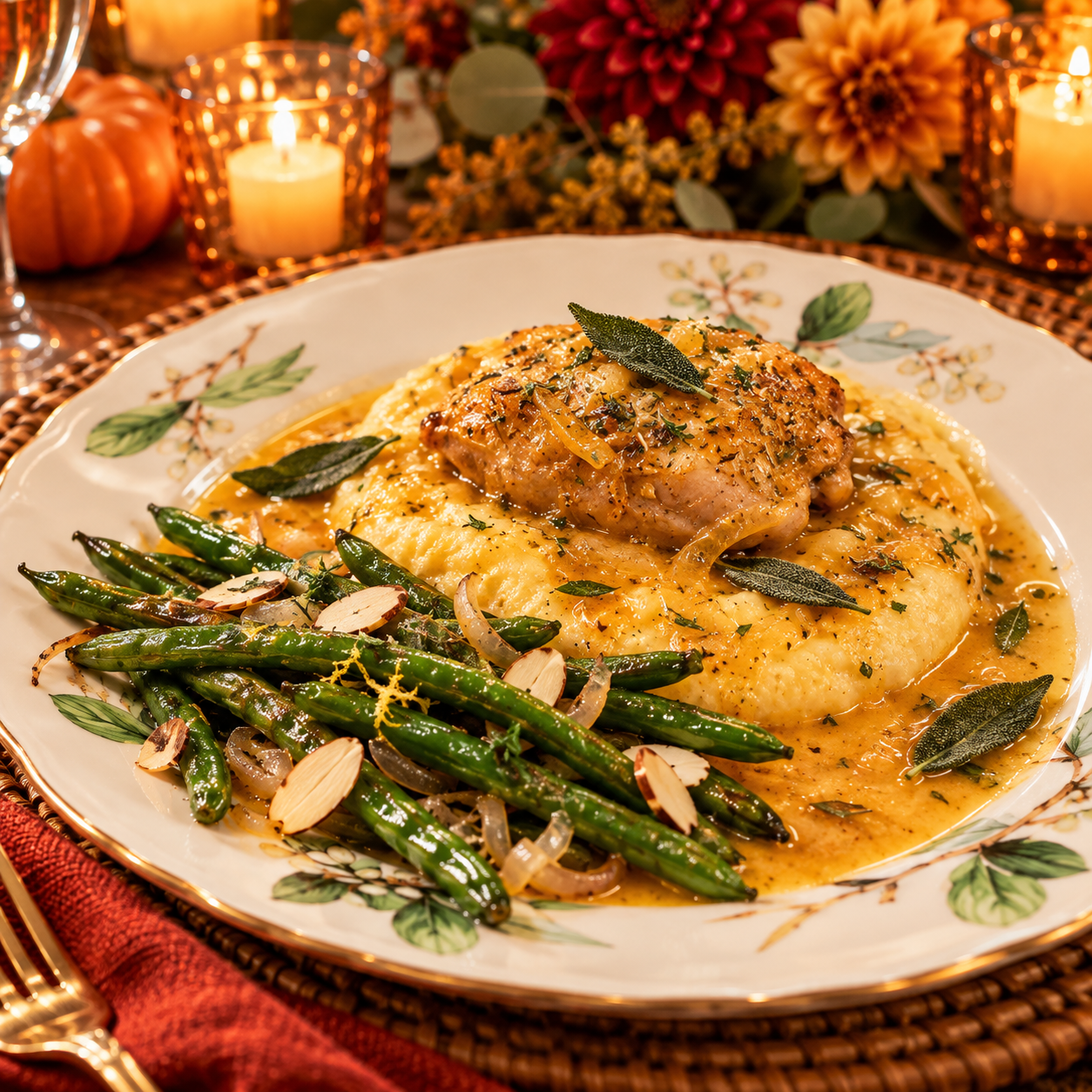 Pumpkin and Sage Braised Chicken served over creamy Parmesan polenta with roasted green beans, shallots, and toasted almonds on an elegant autumn dinner table.