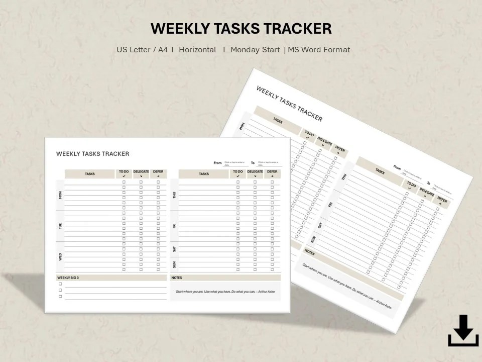 Weekly Task Tracker in MS Word