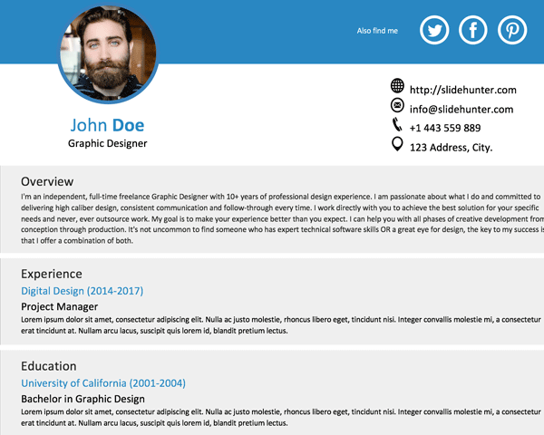 Free One Slide Resume Template For Powerpoint Free Powerpoint Templates Slidehunter Com
