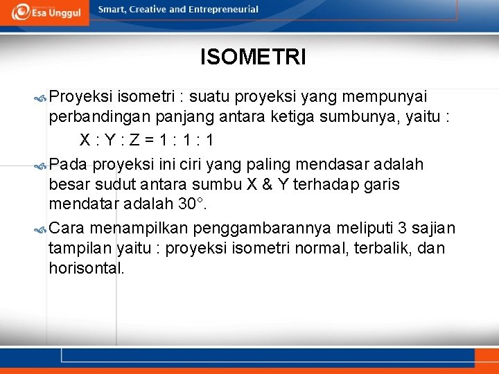 Gambar tampak, gambar potongan, pengenalan program aplikasi. Isometri Pertemuan 11 Irma Damayantie S Ds M