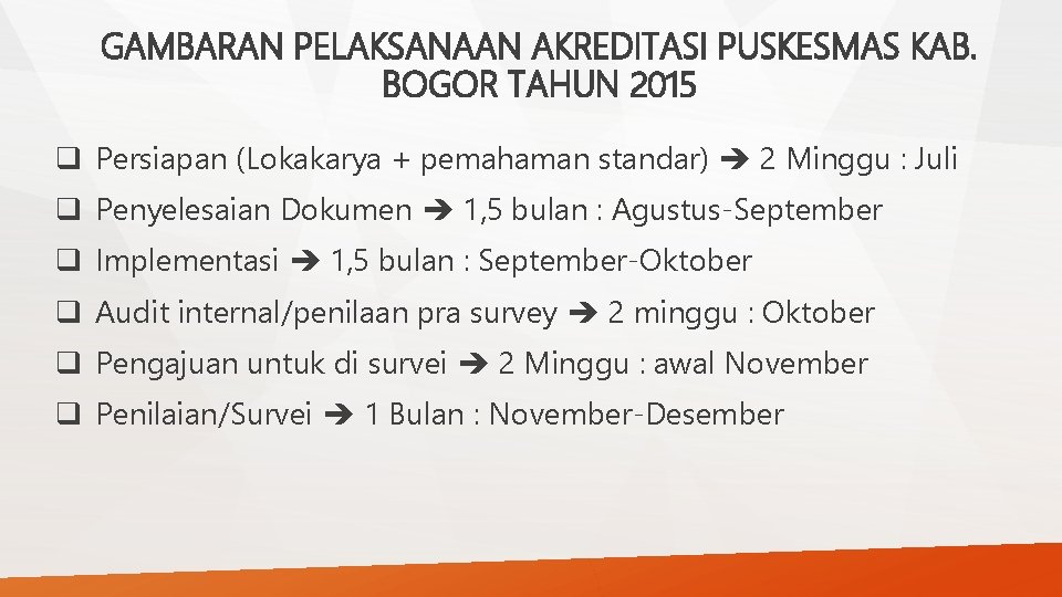 Implementasi pelaksanaan kegiatan yang sesuai standar akreditasi . Akreditasi Puskesmas Arah Pembangunan Kesehatan Rpjmn I 2005