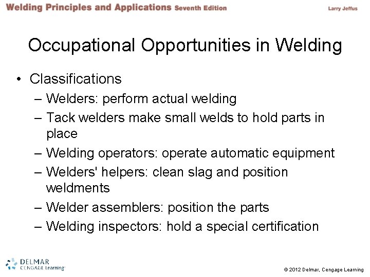 Jonathan atteberry ­­­ we're all ­­suited up and ready to start welding. Chapter 1 Introduction To Welding 2012 Delmar Cengage