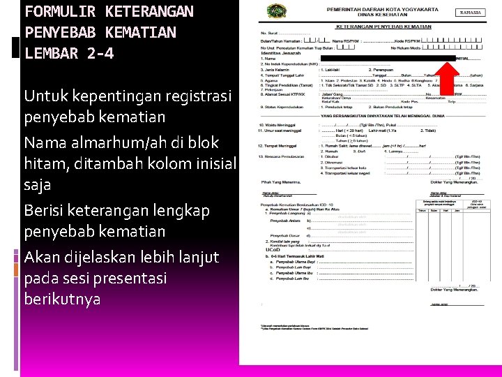 2.asli ktp pelapor dan formulir pelaporan kematian (contoh) Aspek Medikolegal Kematian Surat Keterangan Kematian Sosialisasi Pusat