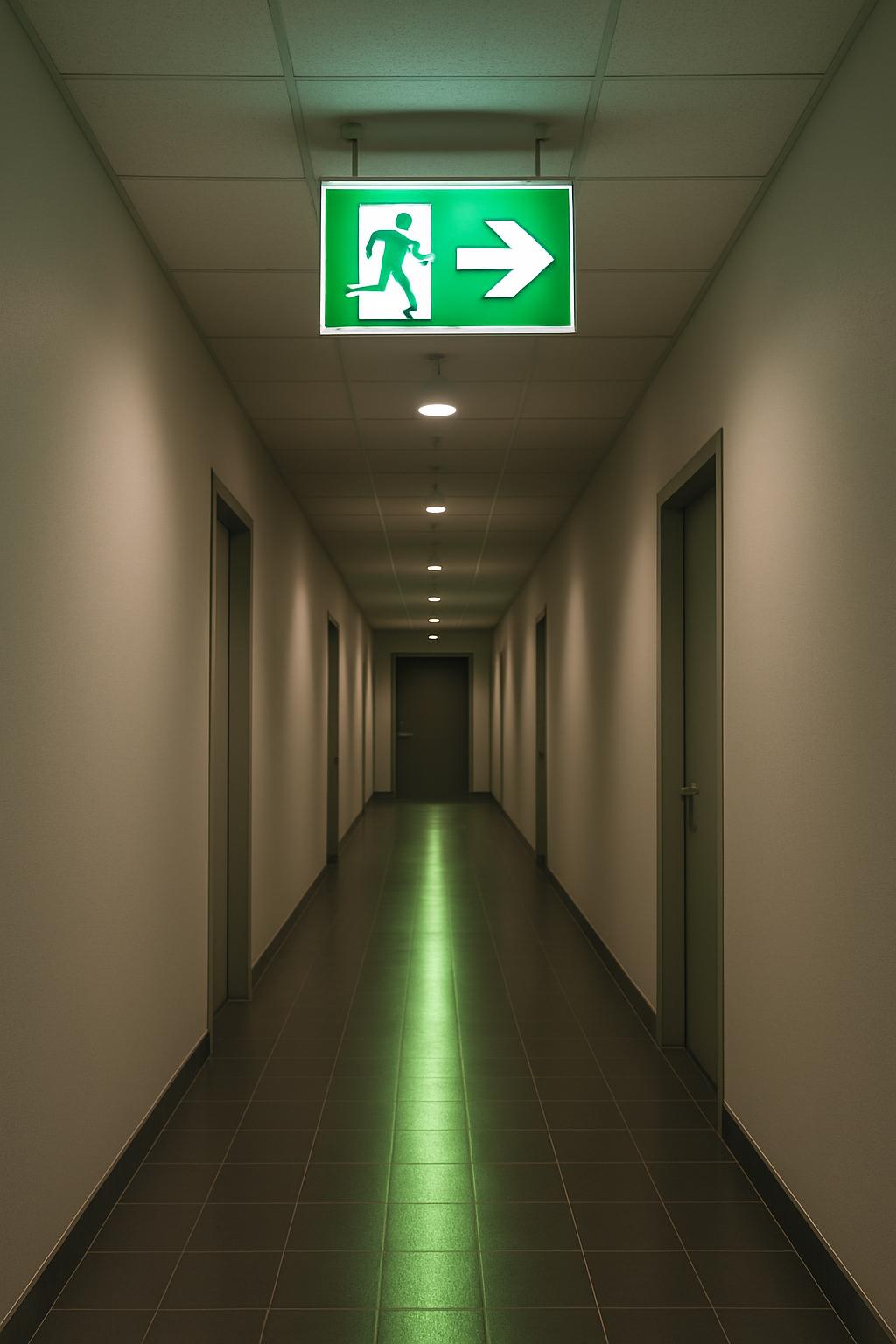 A brightly lit corridor with green tile flooring and white walls extending into the distance. A large green sign hangs ove...