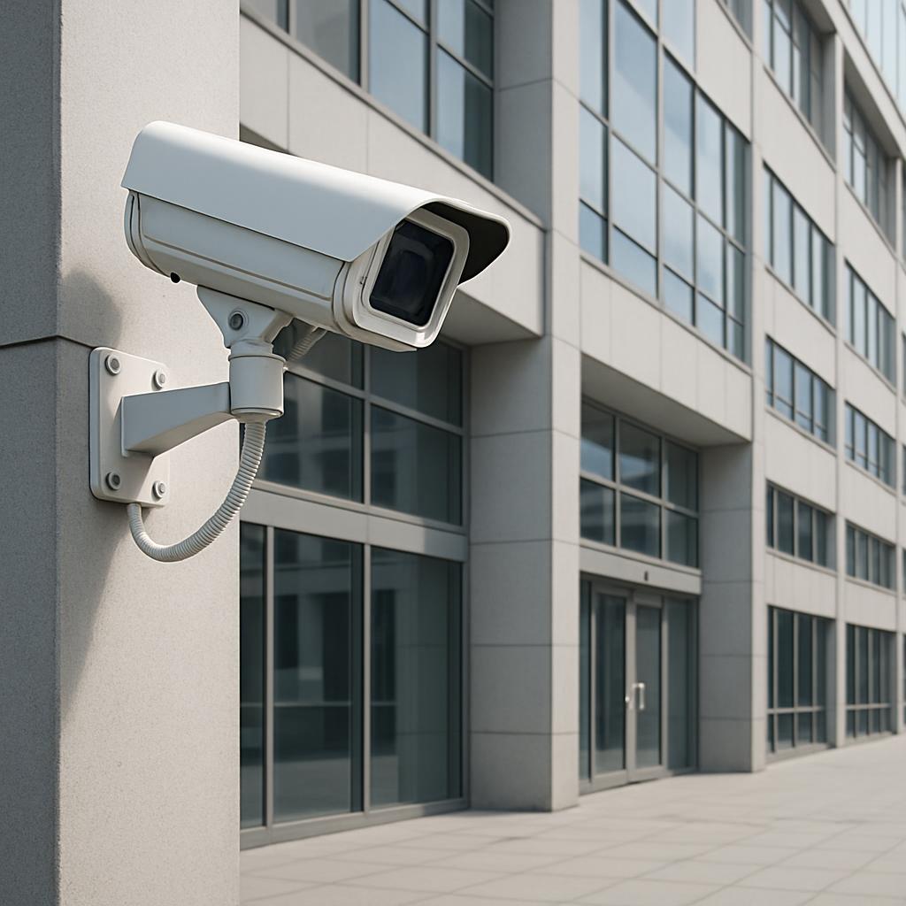 A white security camera installed on an exterior wall of a modern building, likely an office or commercial space.