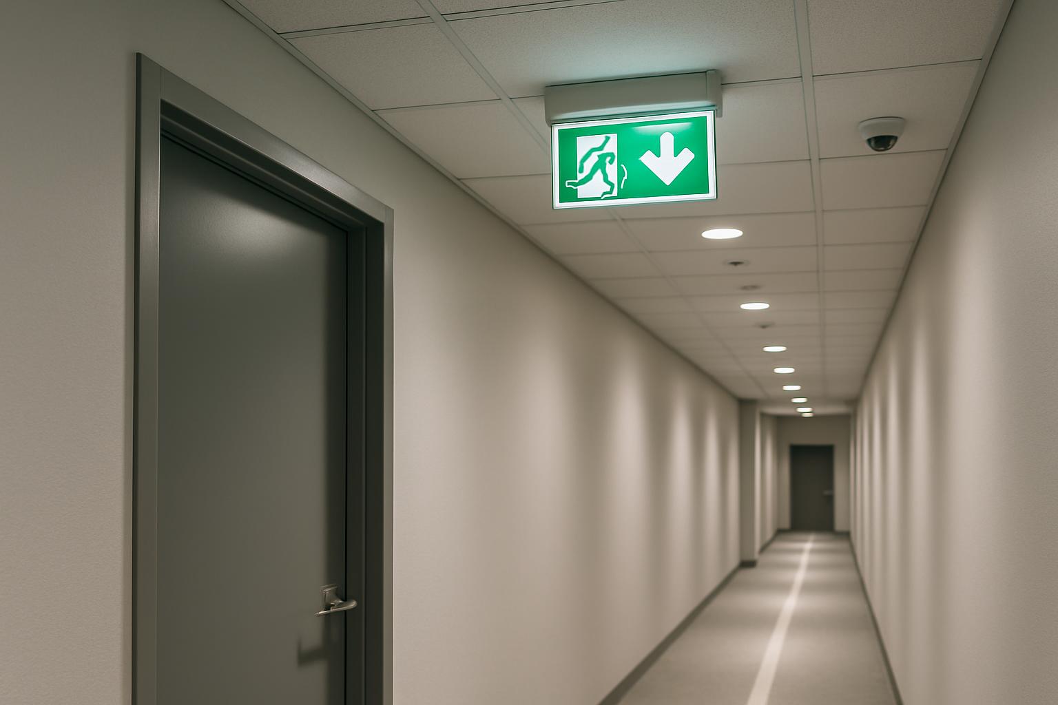 A long hallway with an examining room. A green sign on the ceiling overhead indicates the direction to follow to the exam ...