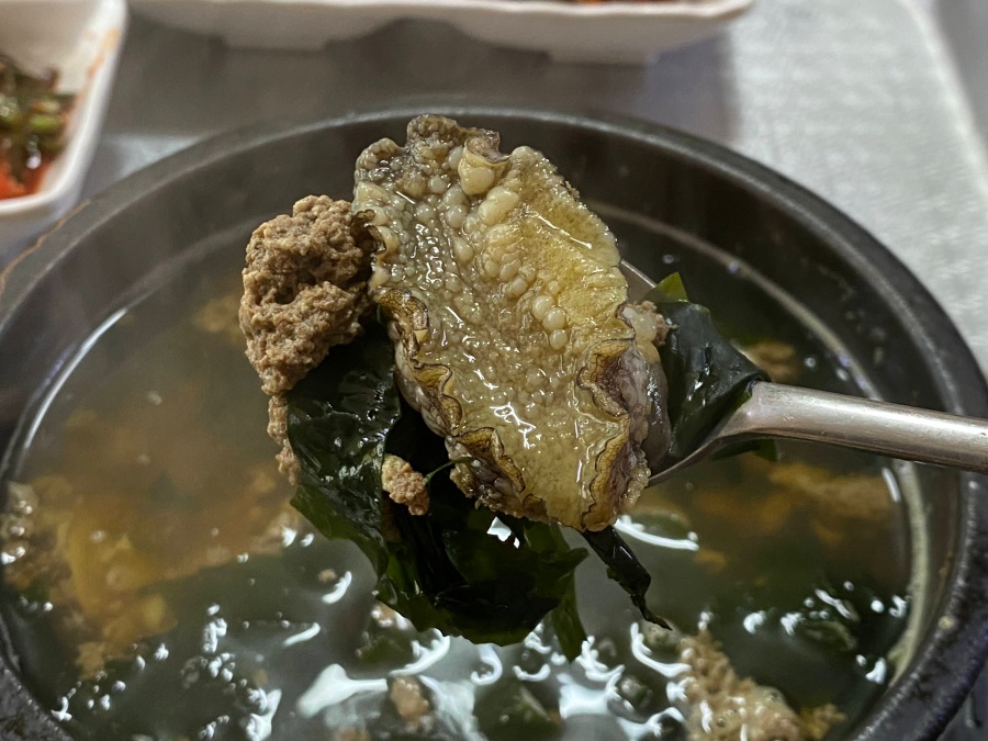 미역이 들어간 국물에서 숟가락으로 전복 한 마리를 건져 올린 모습