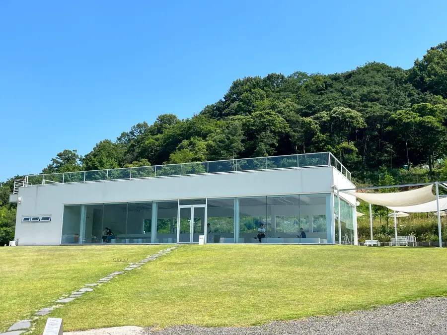 푸른 숲을 배경으로 잔디밭 위에 세워진 통유리창 구조의 하얀색 단층 건물 외관이다.