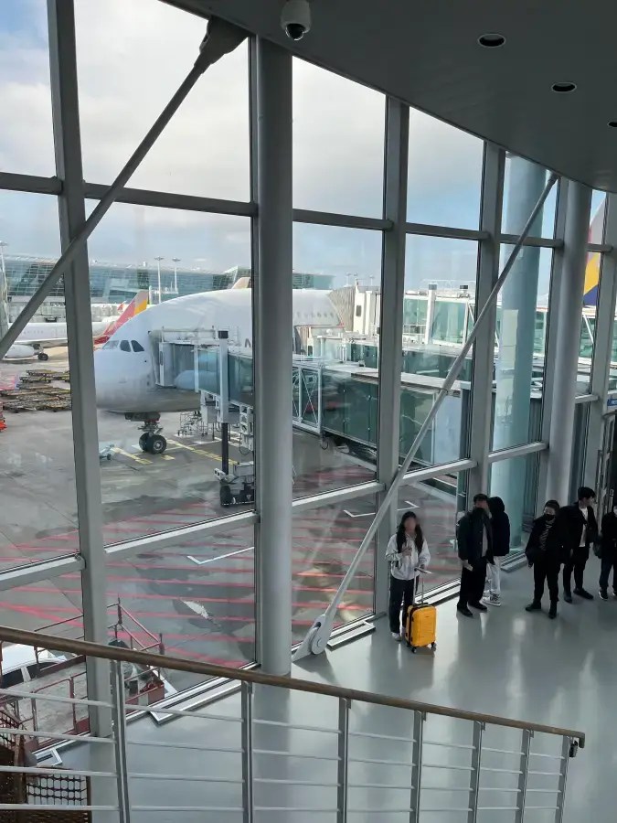 Asiana Airlines airplane connected to a boarding bridge seen through the airport terminal window