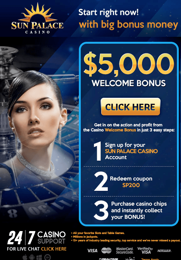 Sun Palace Casino Review -400% up to $10000 Sign Up bonus Code: 400BONUS