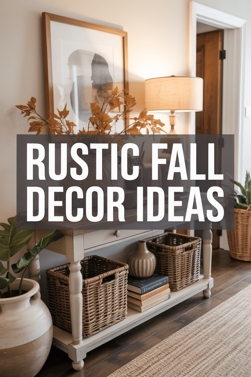 rustic fall decor - A welcoming entryway styled for fall, neutral console table with stacked books and ceramic vase, woven basket, layered artwork, soft lighting, organic textures, cozy rustic design, Pinterest-perfect, text overlay that says: "Rustic fall Decor Ideas" in bold clean font