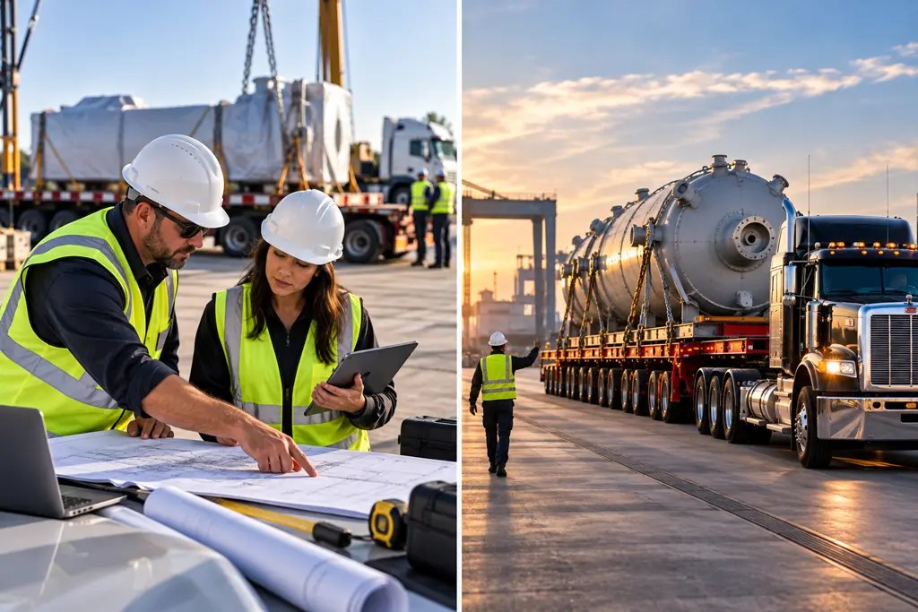 Two logistics professionals reviewing project plans at an industrial site with specialized freight equipment in the background.