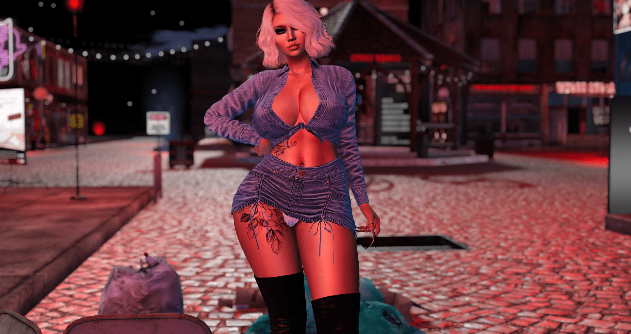 A gritty neon-lit virtual red light district showing avatars exploring adult entertainment safely in Second Life.