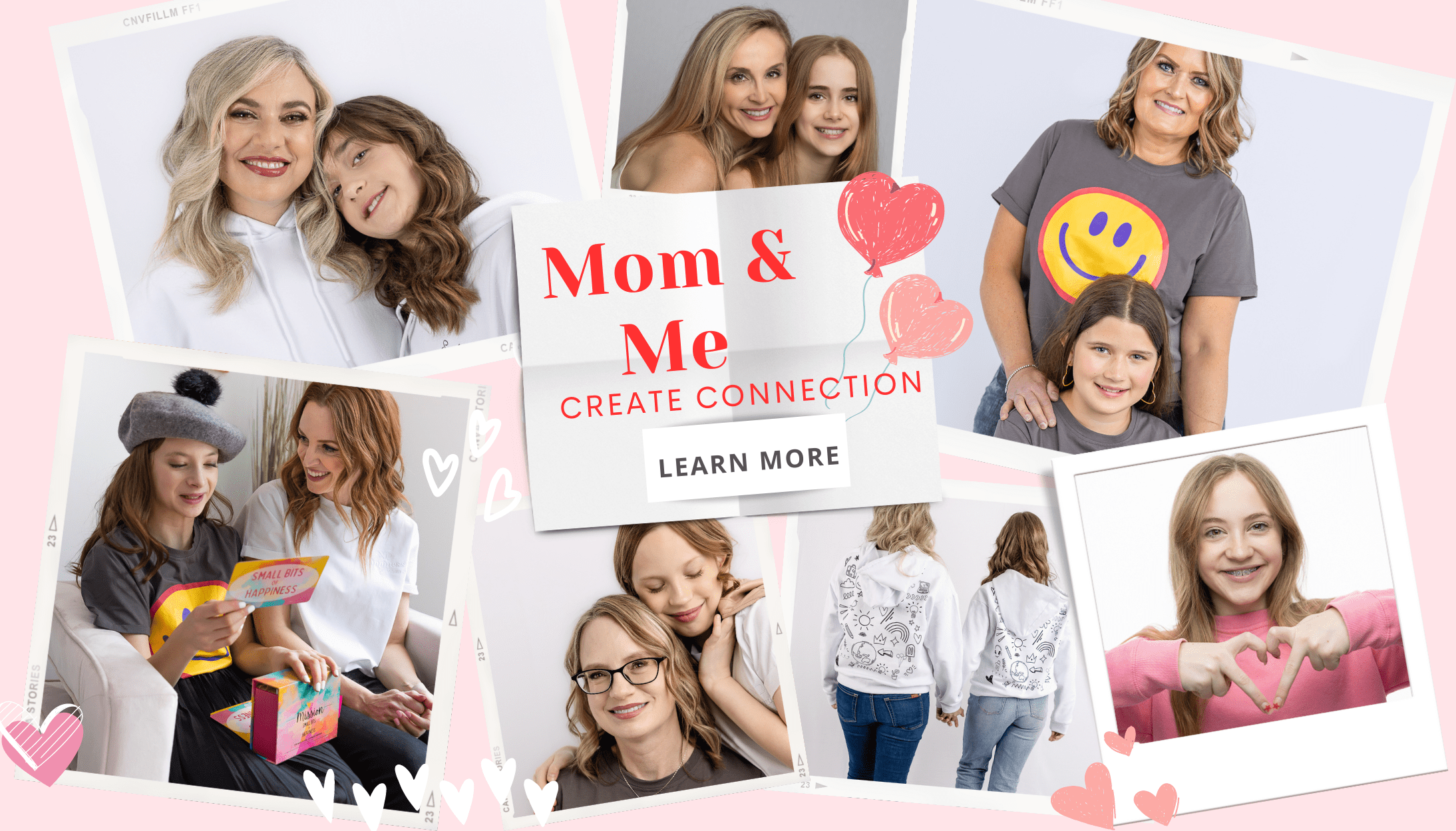 Collage of Small Bits of Happiness Mom & Me collection. In the middle, "Mom & Me, Create Connection, Learn More" is written, below two heart shaped balloon drawings.