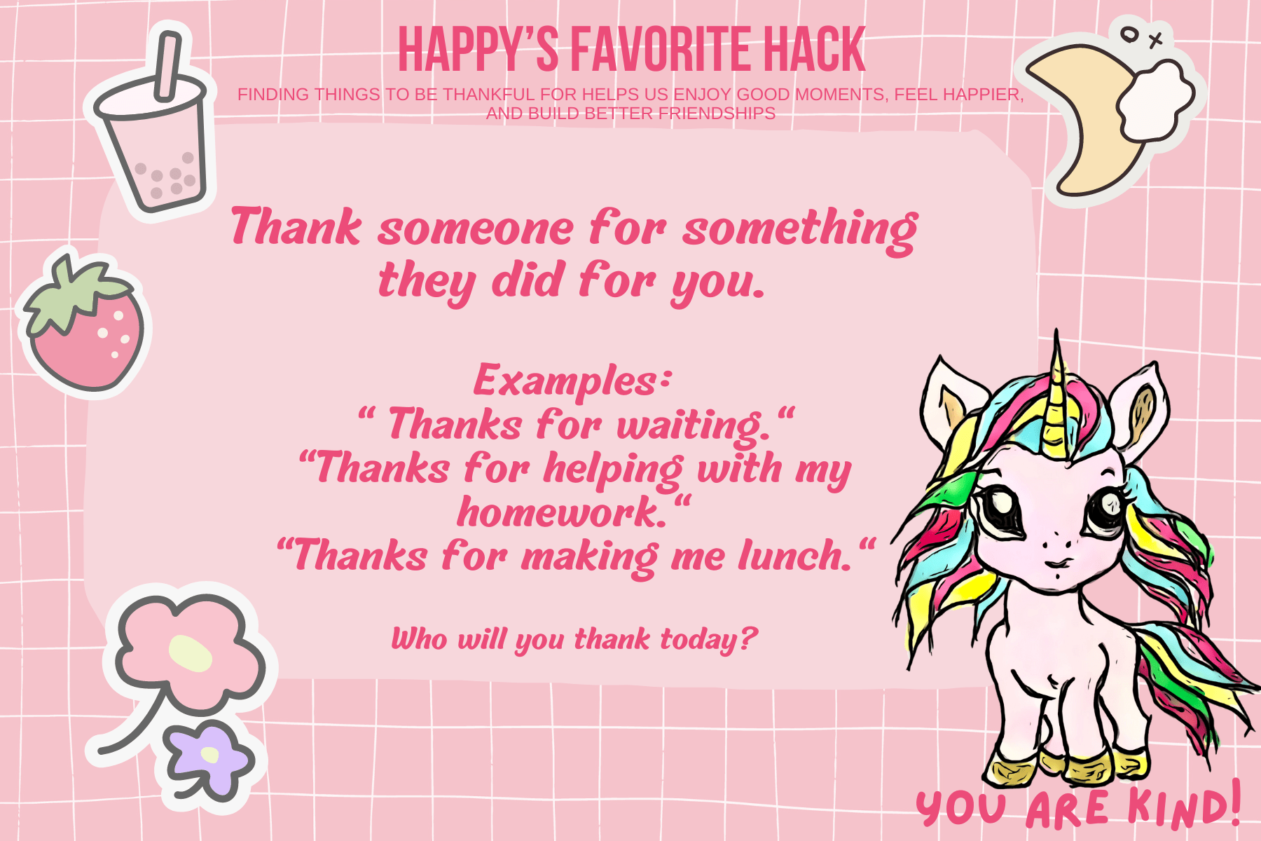 "Happy The Unicorn" on a pink "Mission: Small Bits of Happiness KIDS Edition" card.