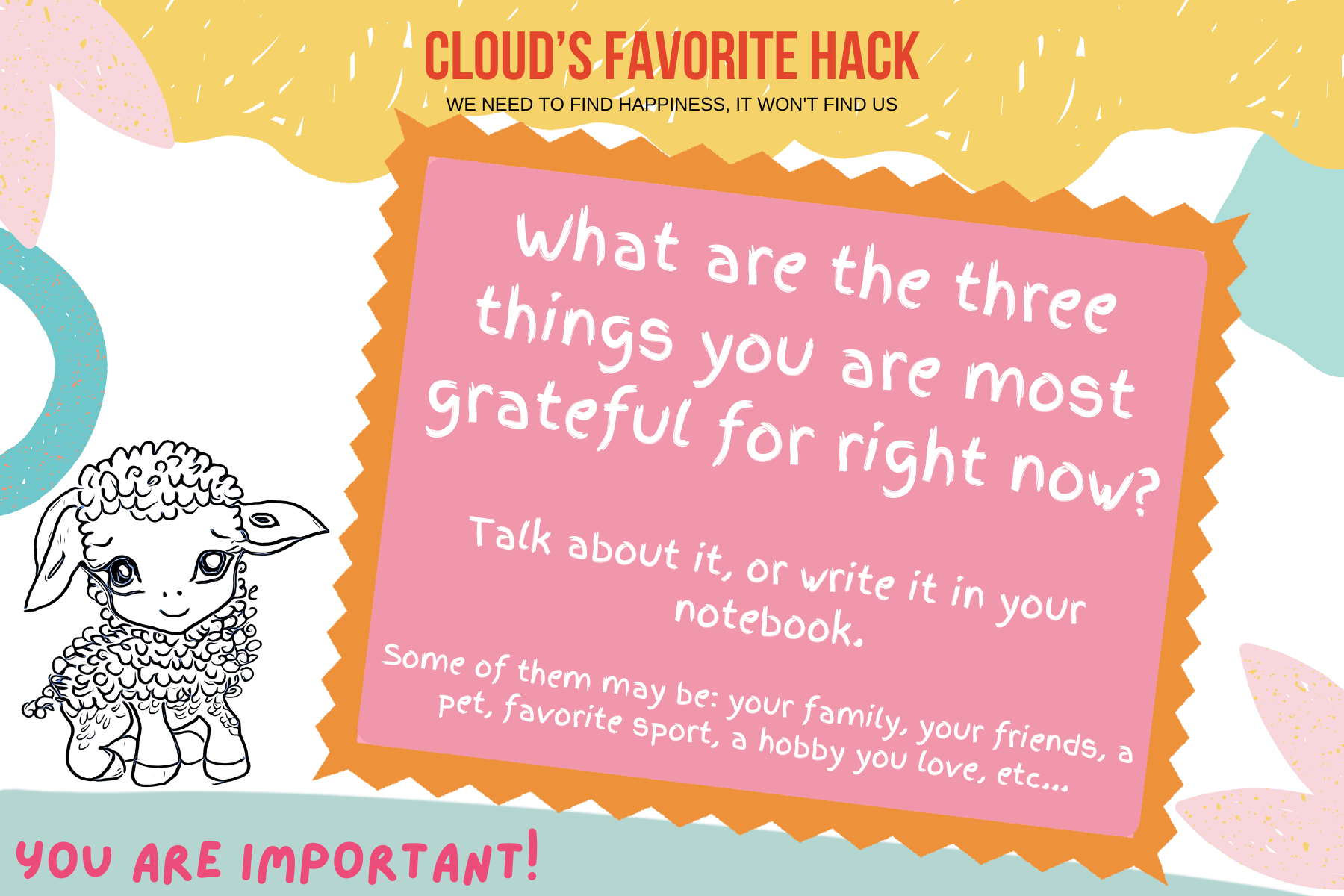 "Cloud The Sheep" on a "Mission: Small Bits of Happiness KIDS Edition" card.