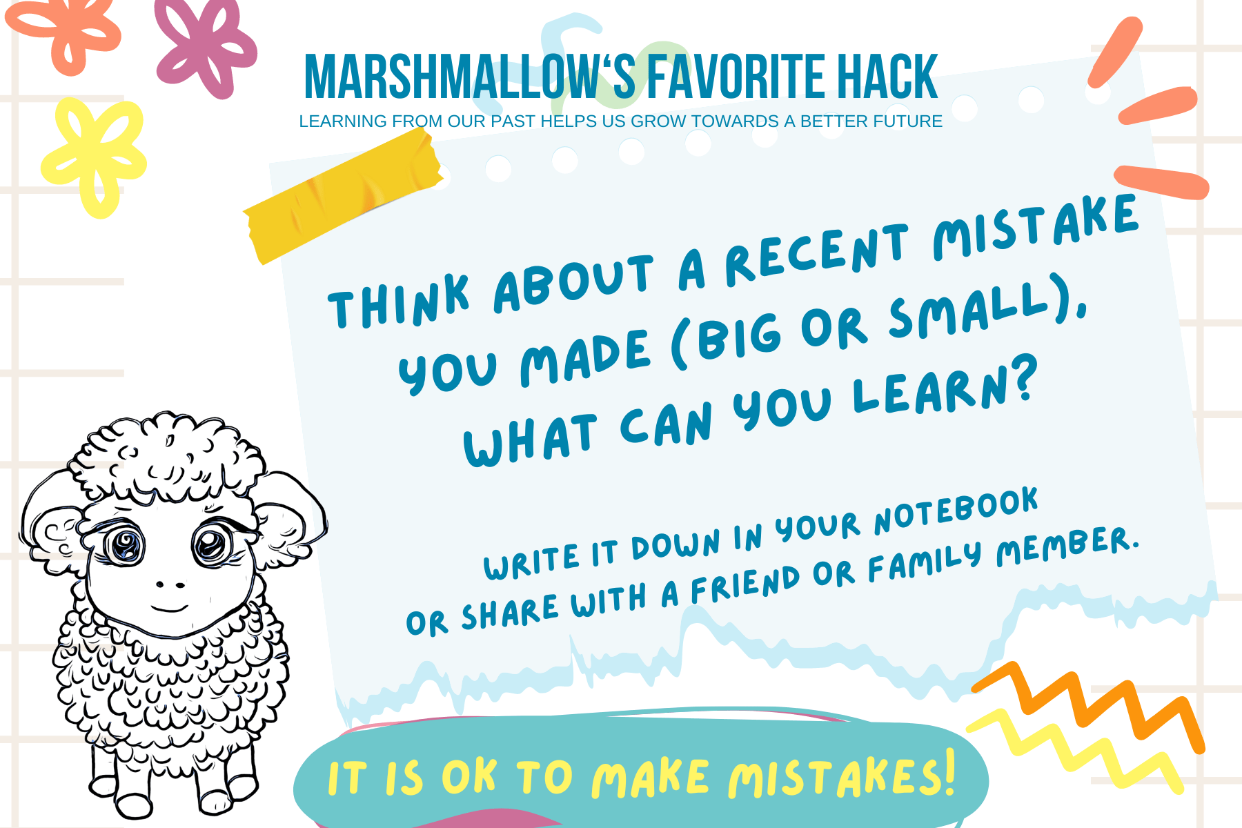 "Marshmallow The Sheep" on a "Mission: Small Bits of Happiness KIDS Edition" card.