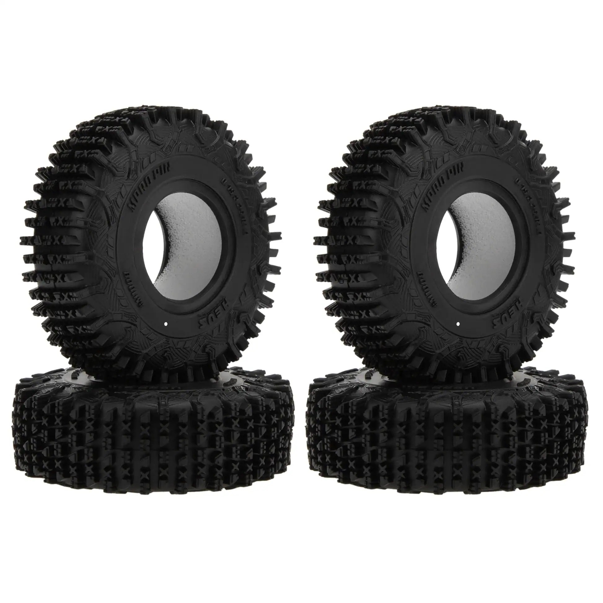 All-Terrain RC tires for small-scale off-road vehicles, durable rubber with aggressive tread pattern.