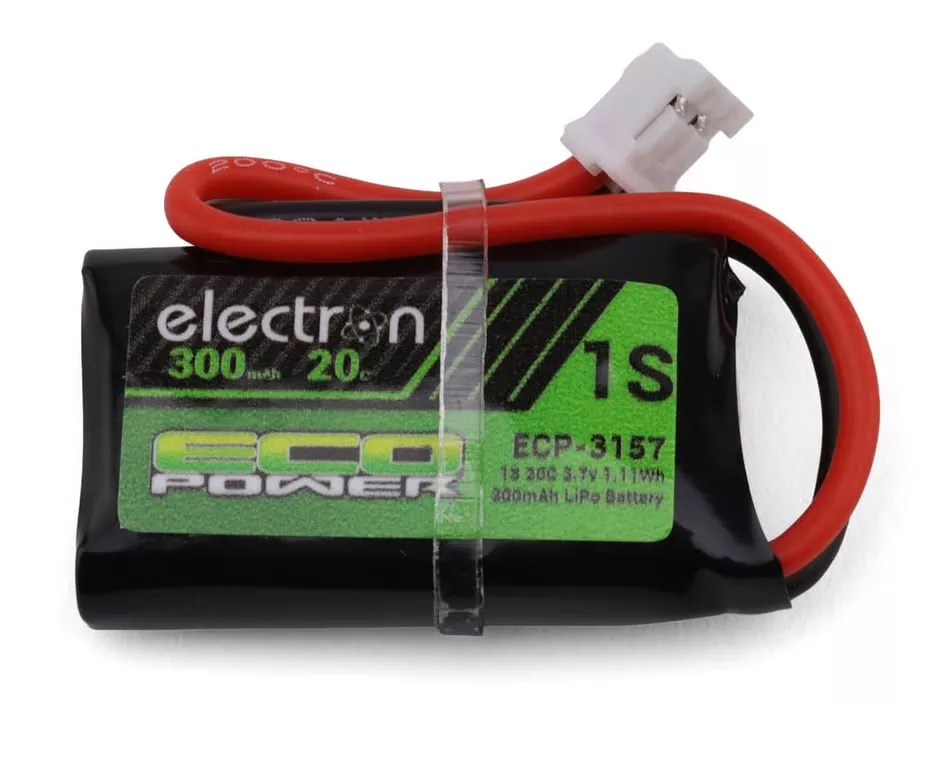 Small-Scale RC battery pack with red wires and white connector for drones.