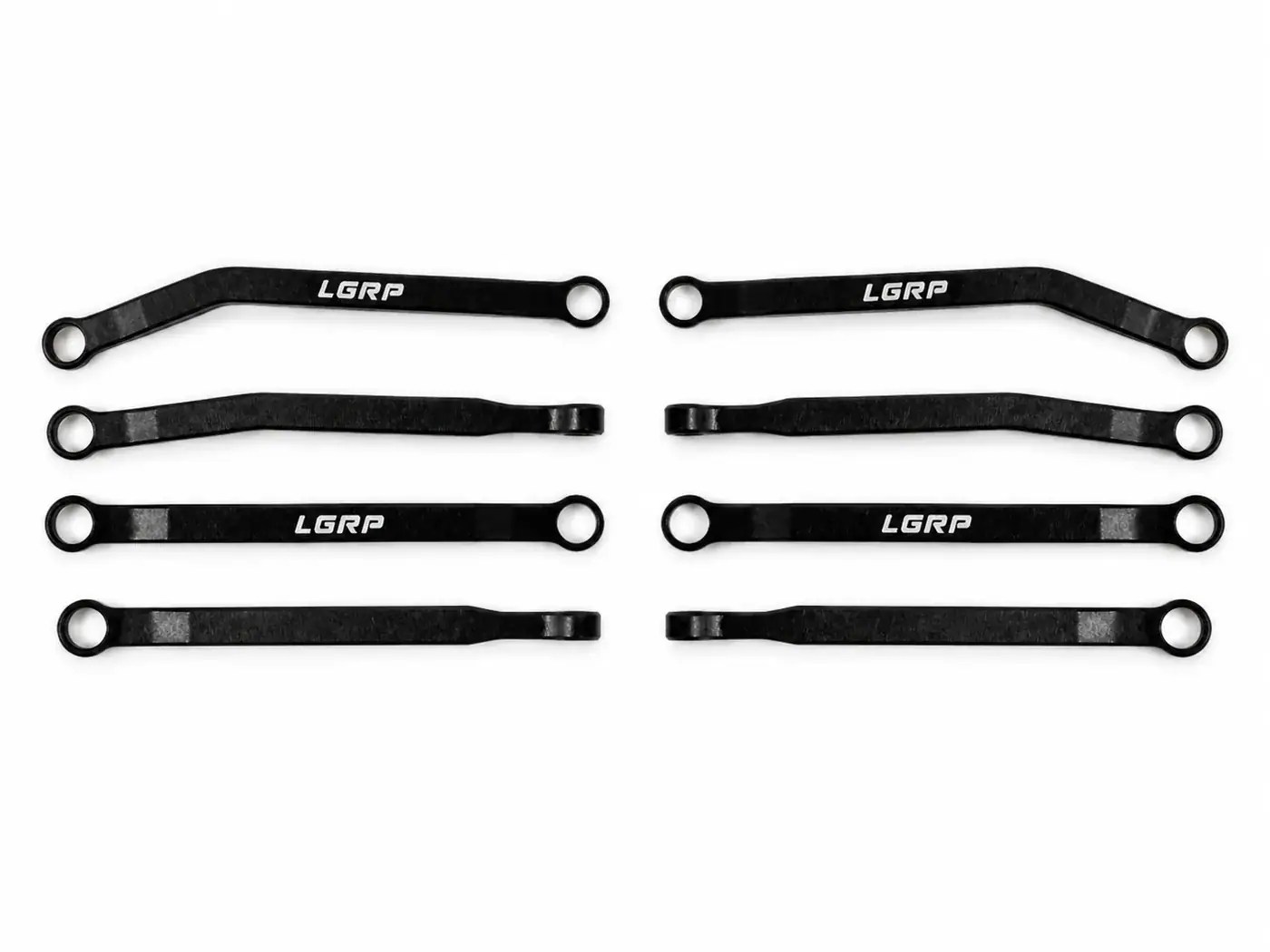 Set of black RC car suspension links with LGRP branding for small-scale RC models.