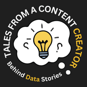 Logo-style graphic featuring a yellow light bulb inside a white thought cloud. Around it, the text reads ‘Tales from a Content Creator’ at the top and ‘Behind Data Stories’ at the bottom, with the word ‘Data’ highlighted in yellow.