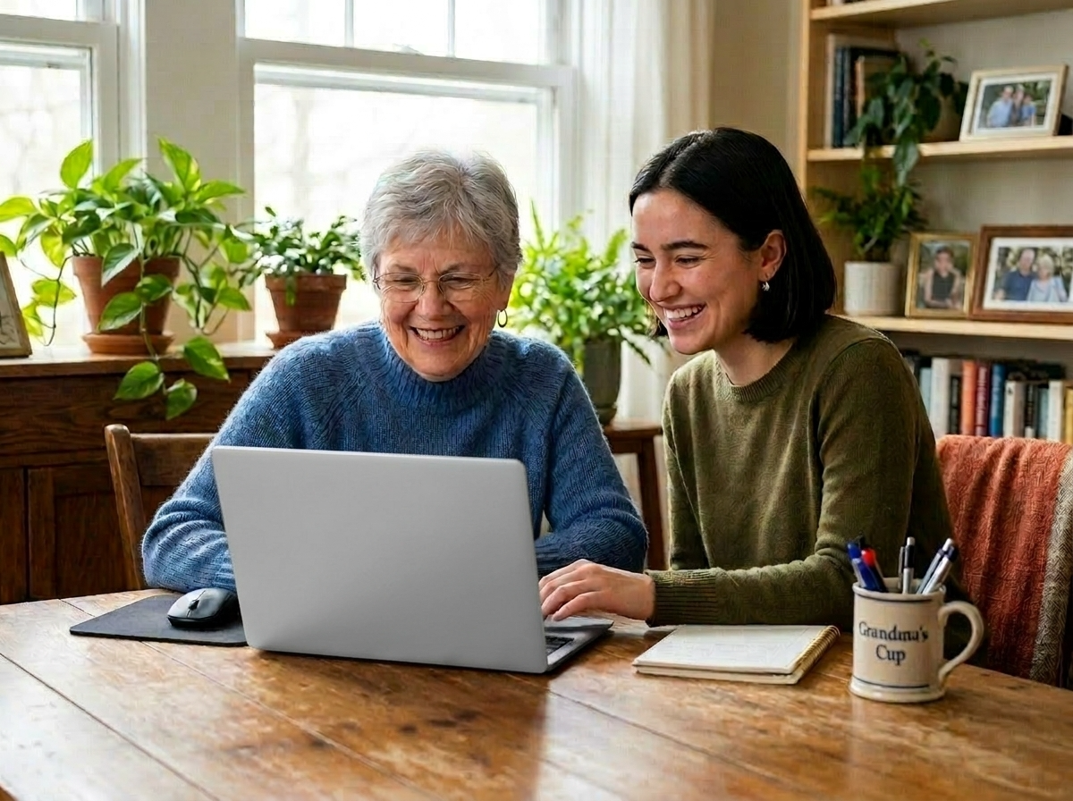 Senior woman and younger woman smiling together while using laptop at home