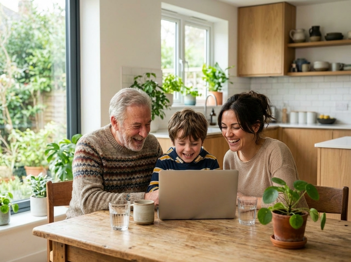 Grandfather, grandson and mother laughing together while using laptop in kitchen