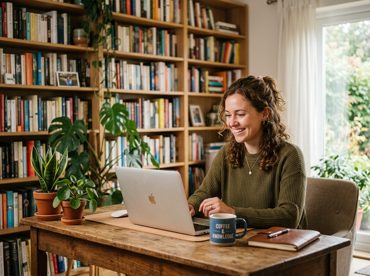 Young woman smiling while using laptop at wooden desk surrounded by books and plants