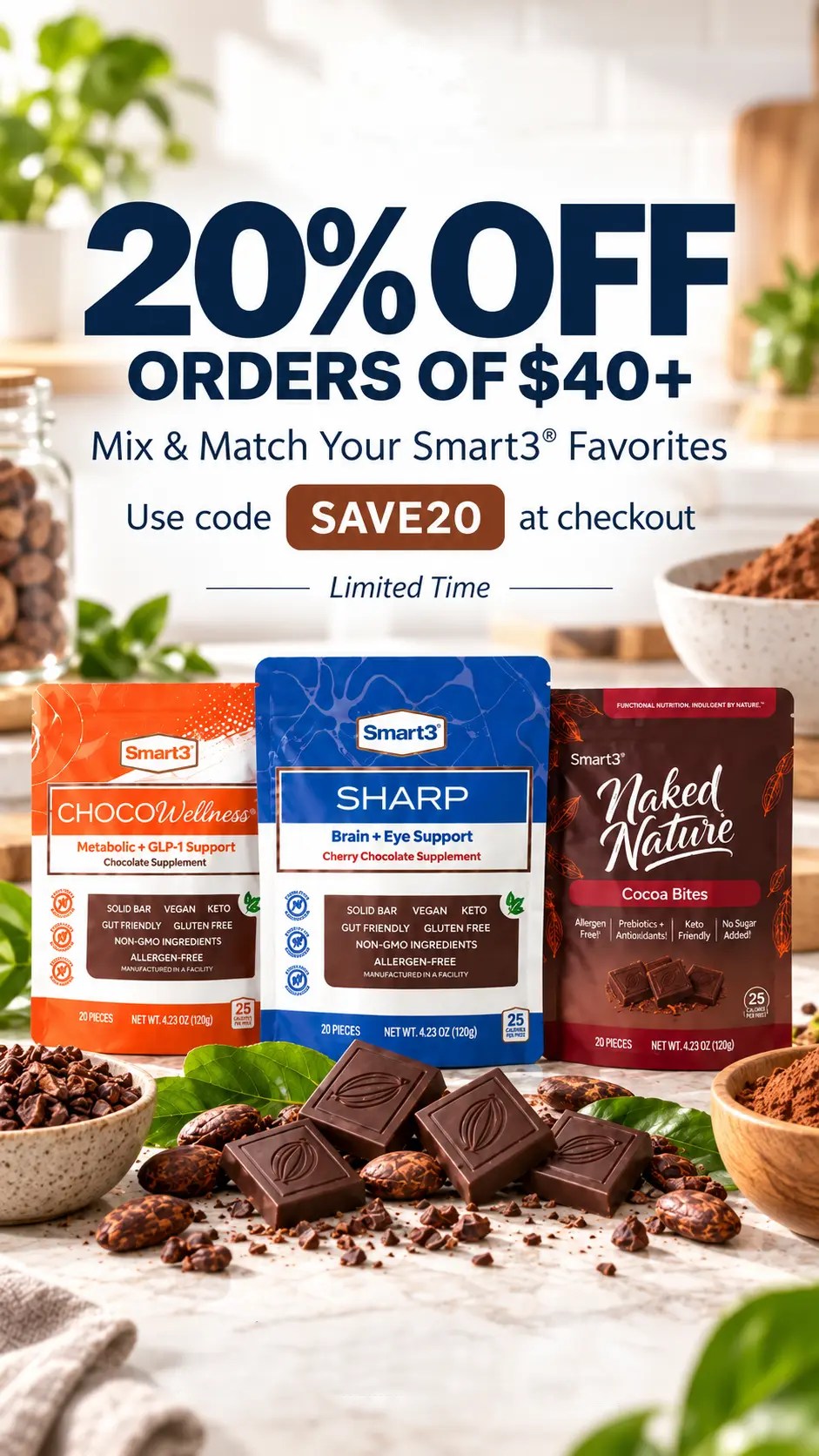 Smart3® Wellness 20% off orders of $40 or more featuring SHARP, CHOCOWellness® and Naked Nature® cacao products.