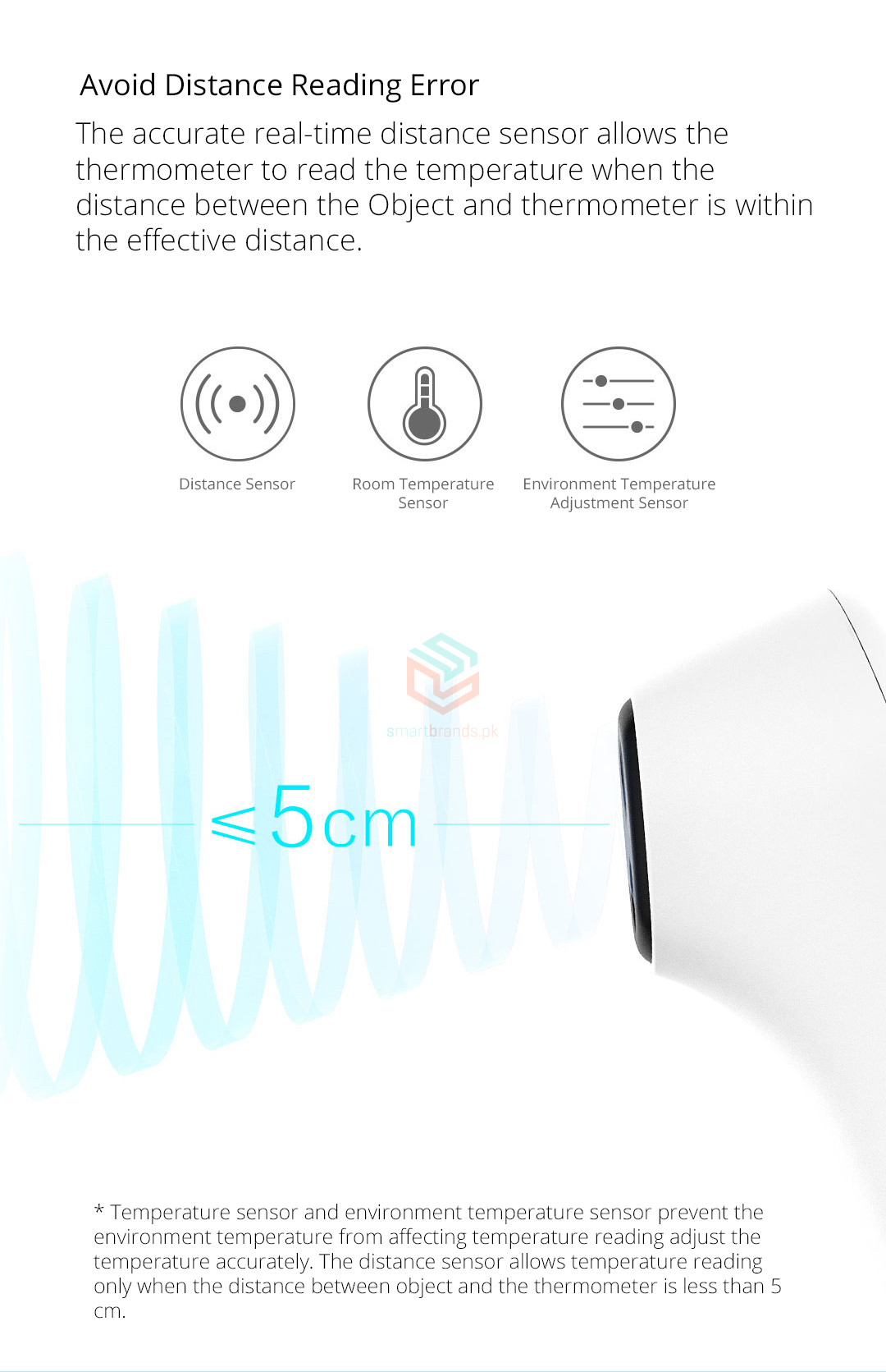 The accurate real-time distance sensor allows the thermometer to read the temperature when the distance between the Object and thermometer is within the effective distance.