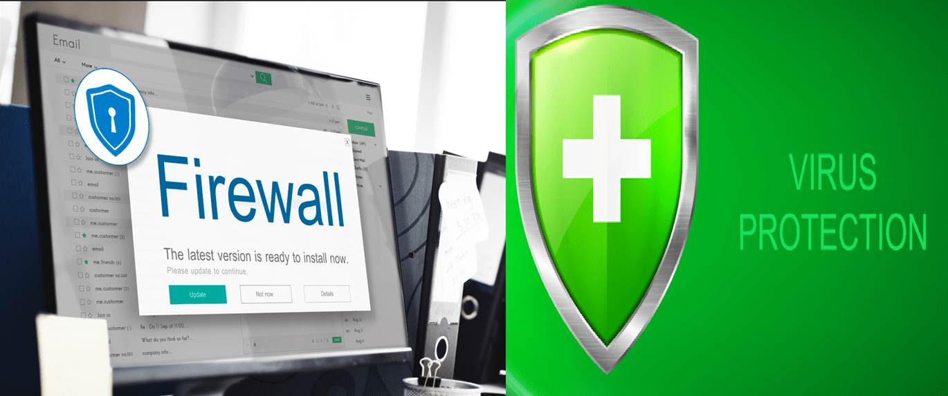 Computer monitor displaying the word 'Firewall' with a glowing green '+' symbol representing virus protection, signifying cybersecurity measures.