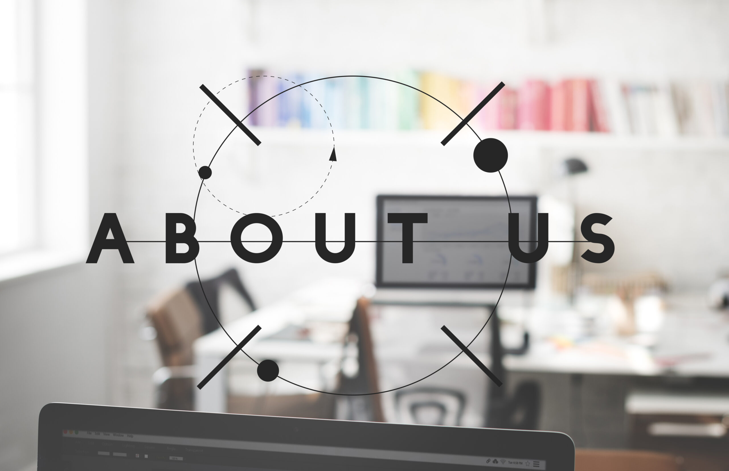 Graphic featuring the phrase 'About Us', representing company identity, mission, and team values.