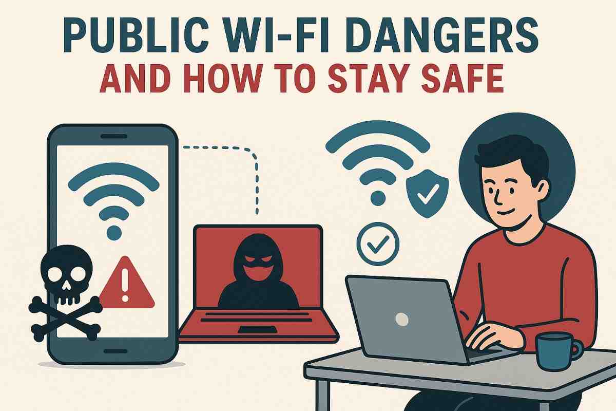 Person using laptop in café with digital threat icons around—highlighting public Wi-Fi risks and safety tips.