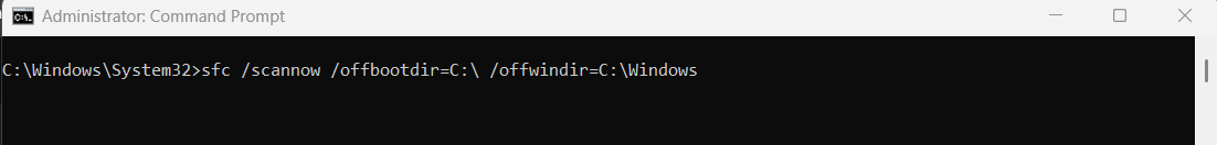 Command Prompt window running as administrator with the typed command: 'sfc /scannow /offbootdir=C:\ /offwindir=C:\Windows', indicating a system file check initiated for offline Windows repair.