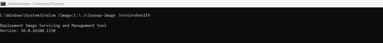 Administrator Command Prompt window displaying the typed command: 'dism /image:C:\ /cleanup-image /restorehealth', indicating a deployment image repair operation for offline Windows system health restoration.