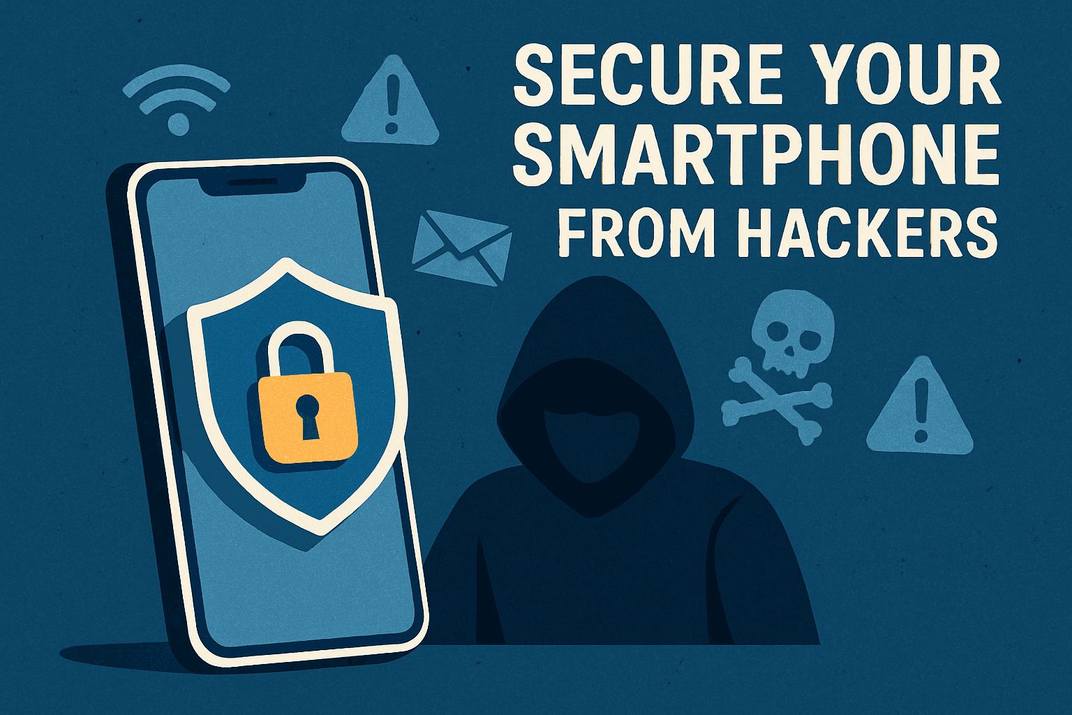A smartphone screen overlaid with a lock icon and the phrase ‘Secure your smartphone from hackers.'