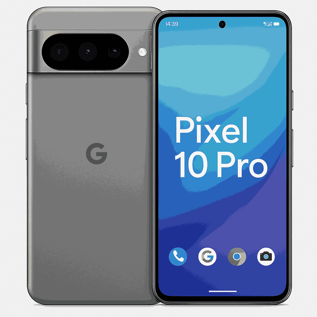 Google Pixel 10 Pro smartphone in matte gray, showing the back with a horizontal triple-camera bar and the front with an edge-to-edge display featuring 'Pixel 10 Pro' text on the screen.