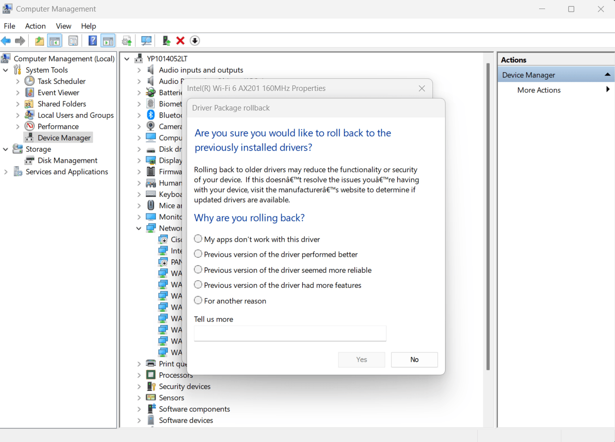 rollback drivers option showing in win 11