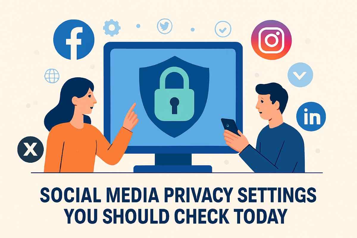 llustration showing a computer screen with a padlock symbol representing privacy. Surrounding the screen are icons for Facebook, Instagram, Twitter (X), and LinkedIn. A woman points to the padlock, and a man holds a smartphone. Below is the title 'Social Media Privacy Settings You Should Check Today.