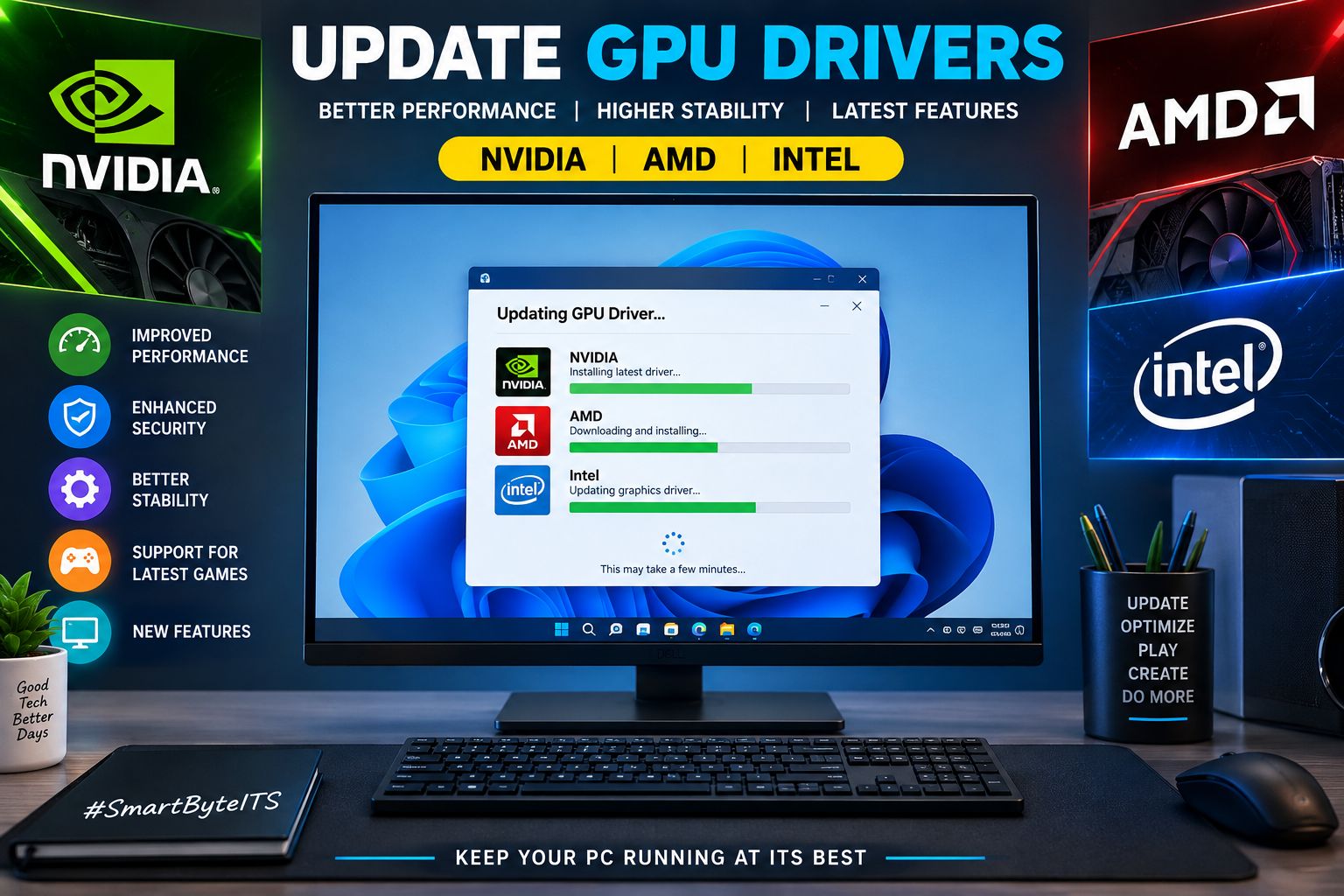 Windows computer updating NVIDIA, AMD, and Intel GPU drivers to improve graphics performance and system stability.
