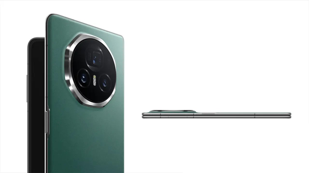 Camera module of the foldable HONOR Magic V2 smartphone in green color, side view.