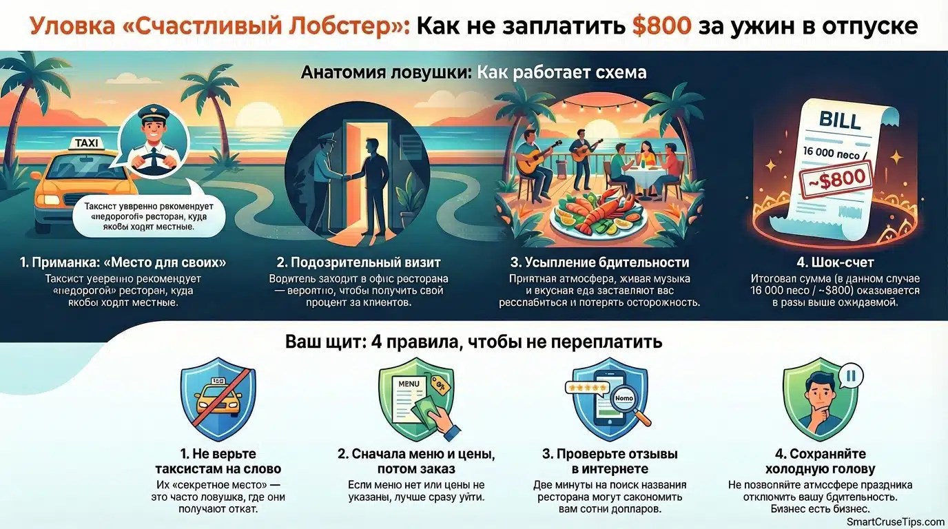 Infographic on avoiding tourist restaurant scams, highlighting pitfalls and tips to prevent overpaying for meals.