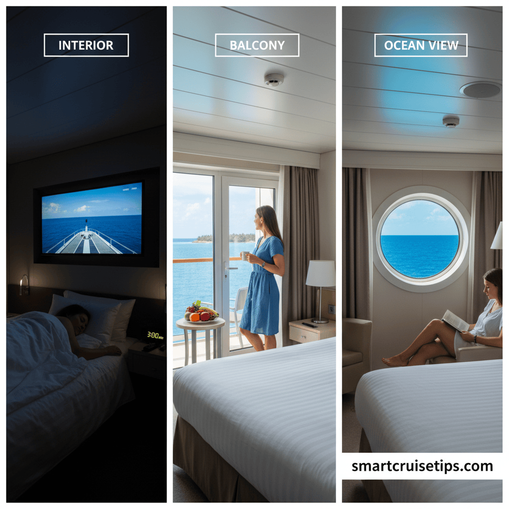 Cruise cabin options: interior, balcony, and ocean view. Luxurious settings with sea views and relaxation spots.